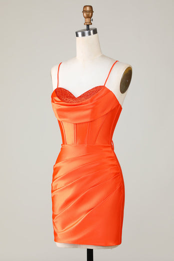 Sparkly Orange Beaded Corset Tight Short Formal Dress