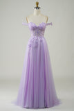 Purple Corset A-Line Long Tulle Formal Dress with Lace