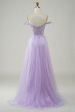 Purple Corset A-Line Long Tulle Formal Dress with Lace