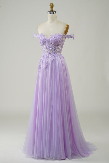 Purple Corset A-Line Long Tulle Formal Dress with Lace