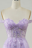 Purple Corset A-Line Long Tulle Formal Dress with Lace