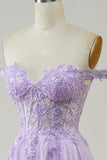 Purple Corset A-Line Long Tulle Formal Dress with Lace