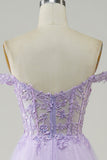 Purple Corset A-Line Long Tulle Formal Dress with Lace