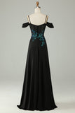 Cold Shoulder Black Sequins Corset Long Formal Dress