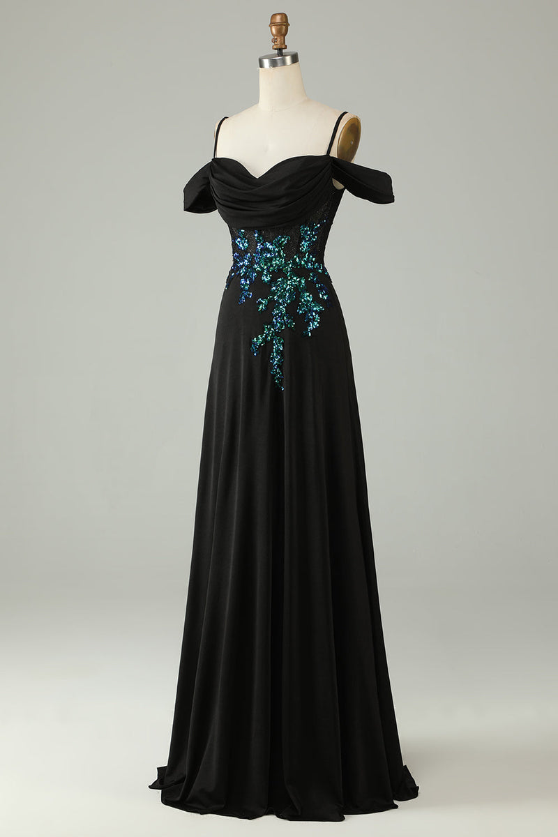 Load image into Gallery viewer, Cold Shoulder Black Sequins Corset Long Formal Dress