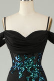 Cold Shoulder Black Sequins Corset Long Formal Dress