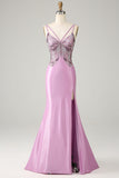 Purple Mermaid Backless Spaghetti Straps Butterflies Formal Dress