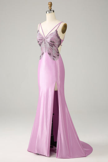 Purple Mermaid Backless Spaghetti Straps Butterflies Formal Dress