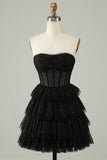 Black A Line Strapless Open Back Corset Short Formal Dress