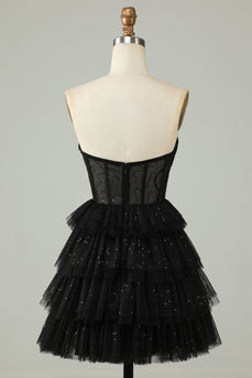 Black A Line Strapless Open Back Corset Short Formal Dress