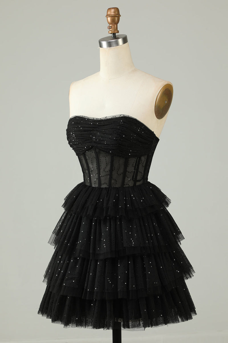 Load image into Gallery viewer, Black A Line Strapless Open Back Corset Short Formal Dress