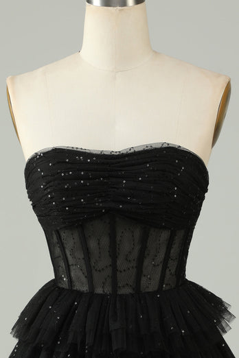 Black A Line Strapless Open Back Corset Short Formal Dress