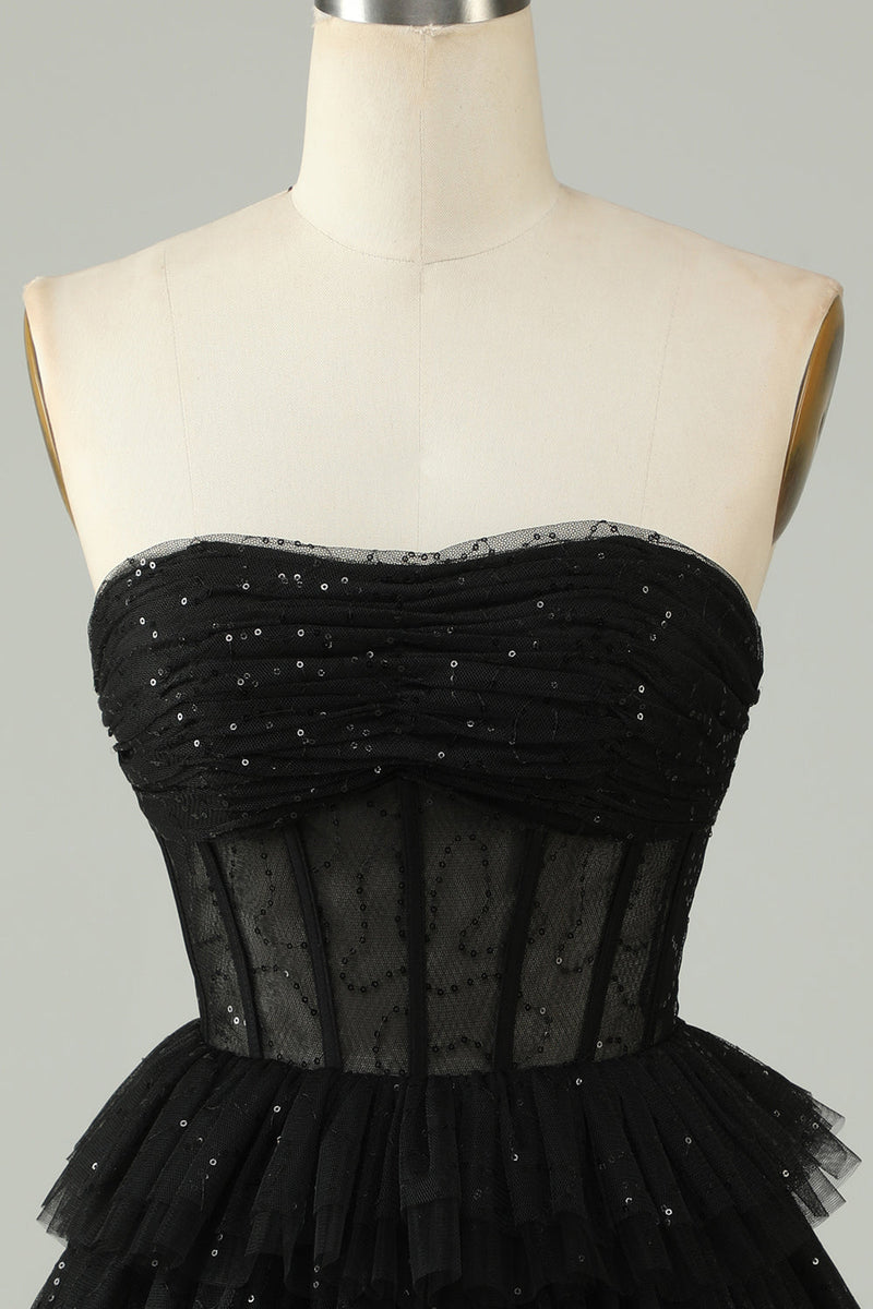 Load image into Gallery viewer, Black A Line Strapless Open Back Corset Short Formal Dress