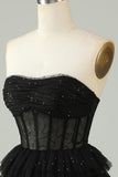 Black A Line Strapless Open Back Corset Short Formal Dress