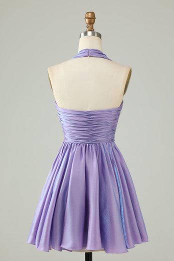 Purple Halter Open Back Sleeveless A Line Short Formal Dress