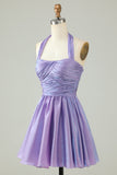 Purple Halter Open Back Sleeveless A Line Short Formal Dress