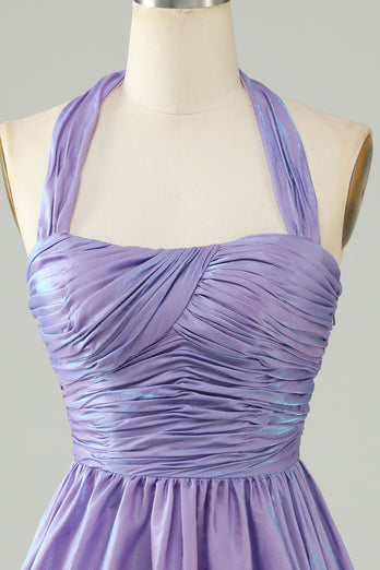 Purple Halter Open Back Sleeveless A Line Short Formal Dress