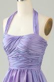 Purple Halter Open Back Sleeveless A Line Short Formal Dress