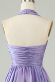 Purple Halter Open Back Sleeveless A Line Short Formal Dress