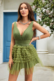 A Line Deep V Neck Green Short Formal Dress with Ruffles