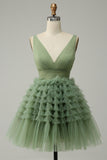 Green Tulle V-Neck Short Formal Dress With Open Back