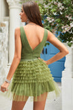 A Line Deep V Neck Green Short Formal Dress with Ruffles