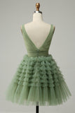 Green Tulle V-Neck Short Formal Dress With Open Back