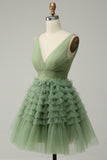 Green Tulle V-Neck Short Formal Dress With Open Back