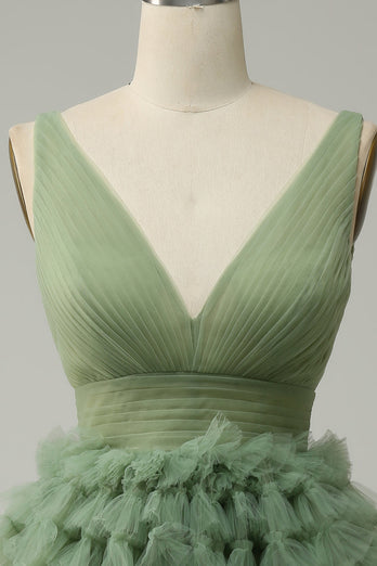 Green Tulle V-Neck Short Formal Dress With Open Back