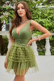 A Line Deep V Neck Green Short Formal Dress with Ruffles