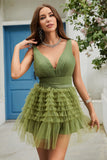 A Line Deep V Neck Green Short Formal Dress with Ruffles