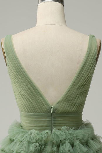 Green Tulle V-Neck Short Formal Dress With Open Back