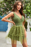 A Line Deep V Neck Green Short Formal Dress with Ruffles