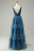 Load image into Gallery viewer, A Line V-Neck Blue Long Formal Dress With Open Back