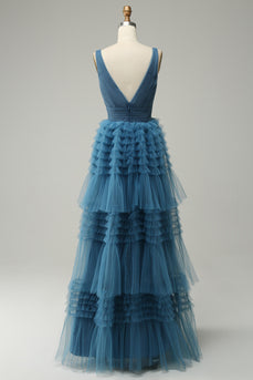 A Line V-Neck Blue Long Formal Dress With Open Back