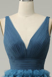 A Line V-Neck Blue Long Formal Dress With Open Back