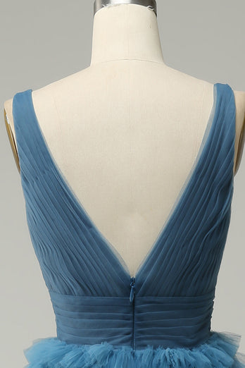 A Line V-Neck Blue Long Formal Dress With Open Back