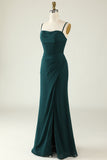 Sheath Spaghetti Straps Dark Green Long Wedding Guest Dress with Split Front