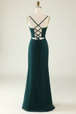 Dark Green Spaghetti Straps Wedding Guest Dress with Slit