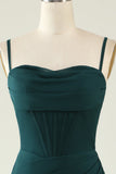 Sheath Spaghetti Straps Dark Green Long Wedding Guest Dress with Split Front