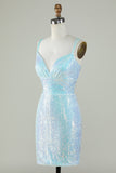 Bling Sheath Spaghetti Straps Light Blue Sequins Short Formal Dress with Criss Cross Back