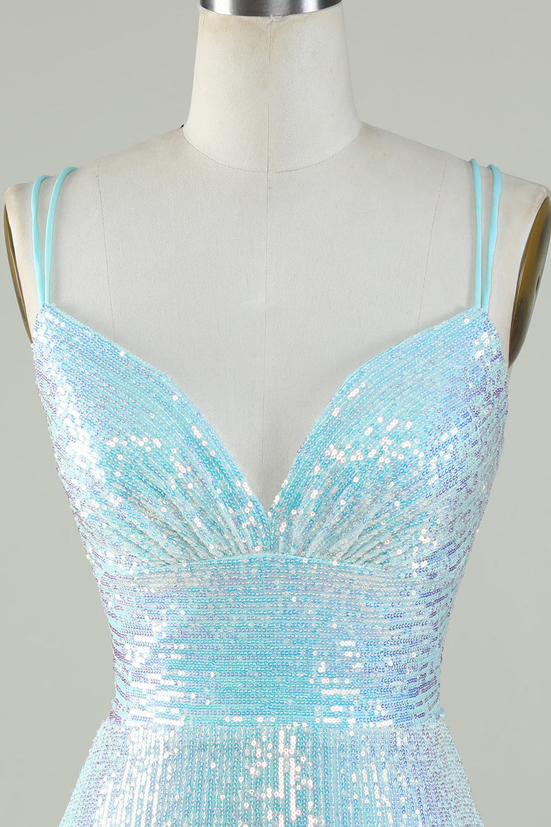 Load image into Gallery viewer, Bling Sheath Spaghetti Straps Light Blue Sequins Short Formal Dress with Criss Cross Back