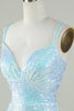 Load image into Gallery viewer, Bling Sheath Spaghetti Straps Light Blue Sequins Short Formal Dress with Criss Cross Back