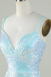 Bling Sheath Spaghetti Straps Light Blue Sequins Short Formal Dress with Criss Cross Back