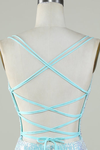 Bling Sheath Spaghetti Straps Light Blue Sequins Short Formal Dress with Criss Cross Back