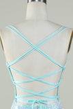 Bling Sheath Spaghetti Straps Light Blue Sequins Short Formal Dress with Criss Cross Back