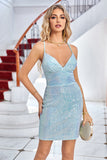 Light Blue Sparkly Tight Short Formal Dress with Lace-Up Back