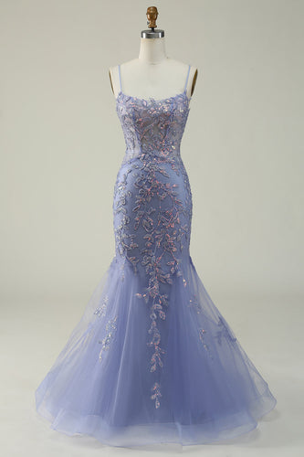 Purple Spaghetti Straps Tulle Long Formal Dress With Appliques
