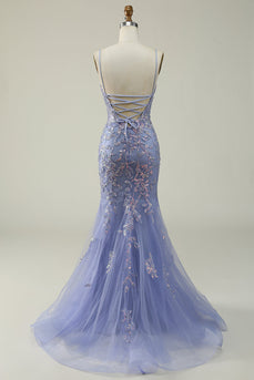 Purple Spaghetti Straps Tulle Long Formal Dress With Appliques