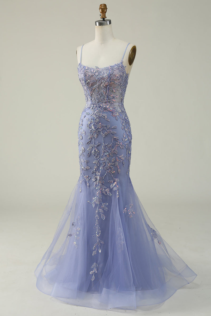 Load image into Gallery viewer, Purple Spaghetti Straps Tulle Long Formal Dress With Appliques